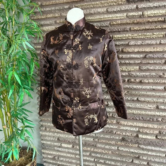 Vintage Chinese Brown Gold Brocade Puffer Quilted Jacket - Picture 10 of 10